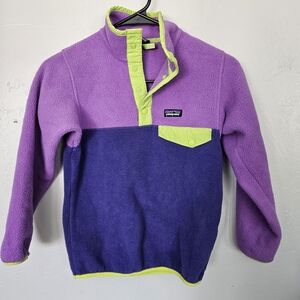 Patagonia Girls Medium 7/8 Purple & Navy Fleece Snap Pullover with Lime Accents